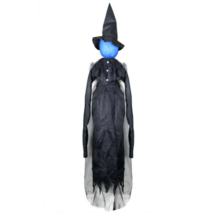 Tovenaar hangdecoratie met zwart gelaagd gewaad, puntmuts en blauw oplichtend hoofd voor Halloween