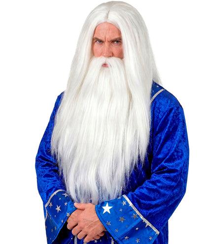 Tovenaar pruik Merlijn met volle baard en snor, gedragen bij een tovenaarskostuum voor Halloween
