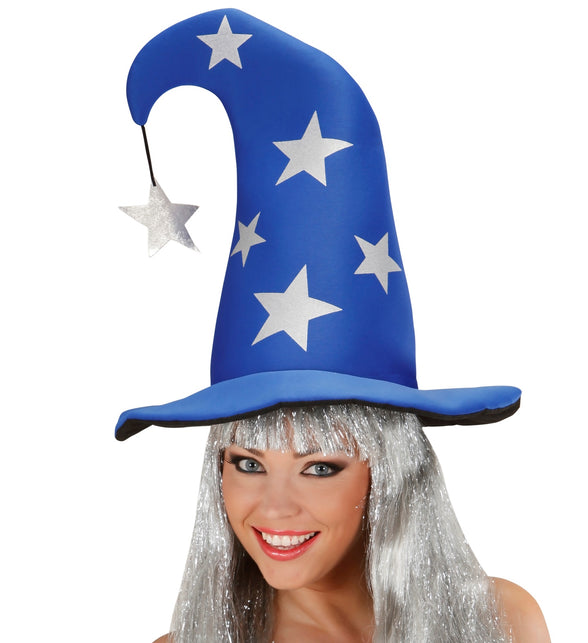 Tovenaarshoed blauw met sterren op dames met zilveren pruik, omgebogen punt met sterretje