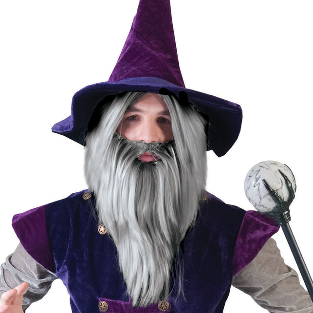 Tovenaarspruik met baard in grijs, lang steil haar en volle puntbaard, gedragen voor Halloween