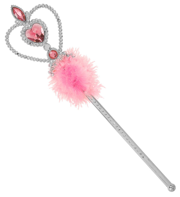 Toverstaf prinsessen met marabou, zilveren staf met roze hartsteentjes en pluizige roze veren