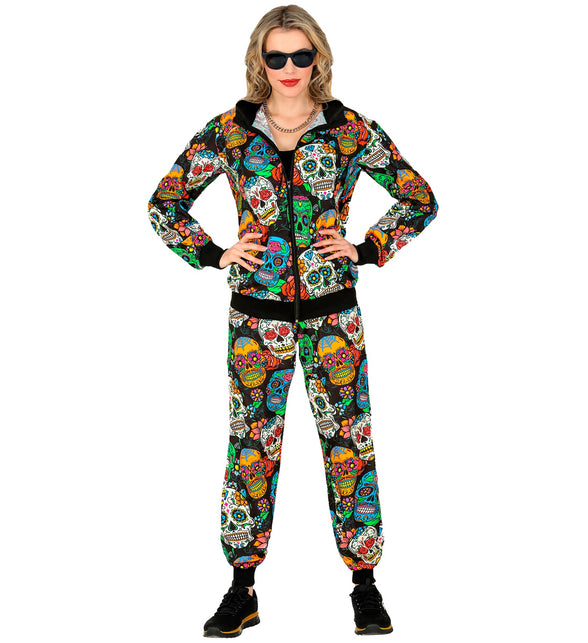 Trainingspak dia de muertos dames, broek met zwarte boorden en schedels in groen, blauw en oranje