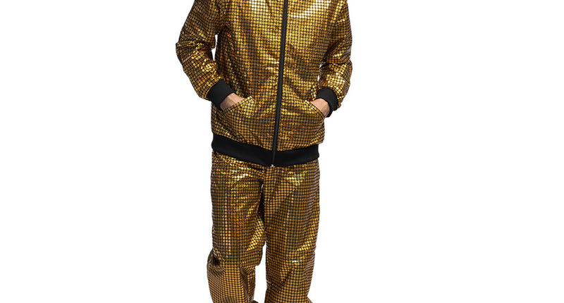 Trainingspak Disco diamond heren goud met spiegelende vierkantjes en zwarte boorden, gedragen als jas en broek voor een foute party