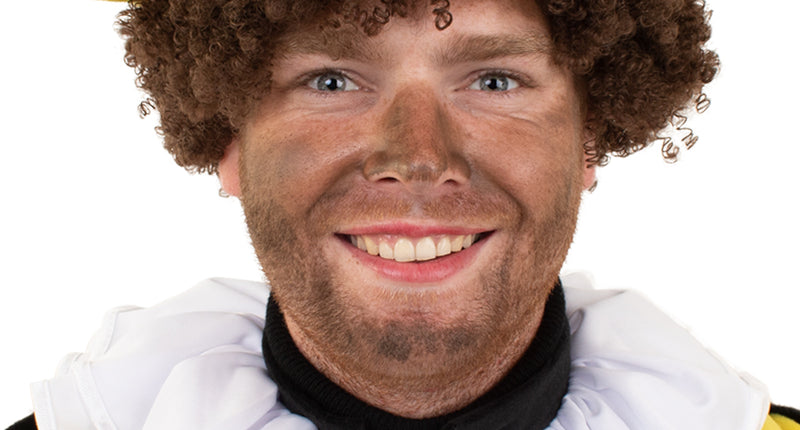 Trevira kraag wit piet met brede witte ruches, gedragen om de hals bij een pietenoutfit voor Sinterklaas