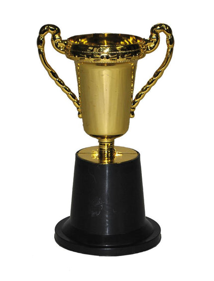 Trofee goud 14 cm met gedraaide oren en zwarte ronde voet, prijsbeker voor een sportfeest