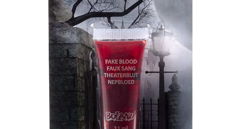 Tube nepbloed 11 ml van Boland op kaart met kerkhofprint, rood kunstbloed voor Halloween