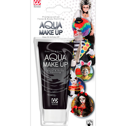 Tube zwarte aqua schmink van Widmann op verpakkingskaart met voorbeeldlooks
