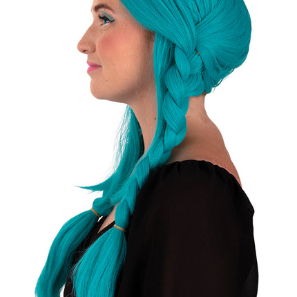 Turquoise vlechtenpruik van de zijkant, glad haar onder de vlechtkroon