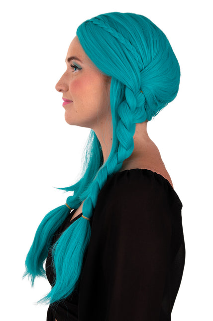 Turquoise vlechtenpruik van de zijkant, glad haar onder de vlechtkroon