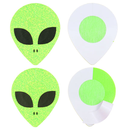Twee alien tepelstickers voor- en achterzijde, met wit kleefvlak en rond plakrondje in het midden