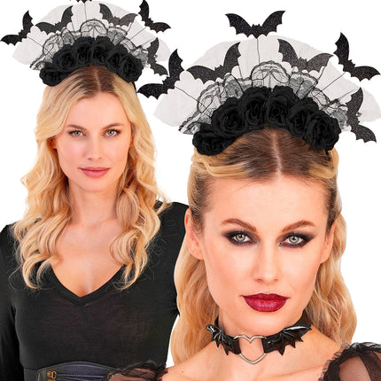 Twee draagstanden van de hoofdband vleermuizen en zwarte rozen bij een gothic Halloweenlook