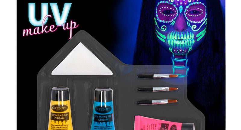 UV schminkset Bright skull van Boland met tubes in geel, blauw en roze, drie kwastjes en wit sponsje