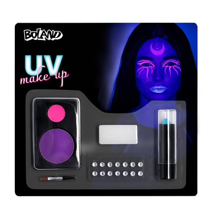 UV schminkset heks van Boland met paars en roze poeder, blauwe lippenstift, penseel, sponsje en 14 steentjes