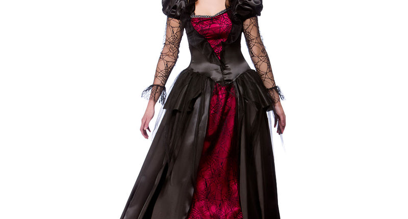 Vampier koningin kostuum dames, lange zwarte jurk met rode onderrok en spinnenwebkant voor Halloween