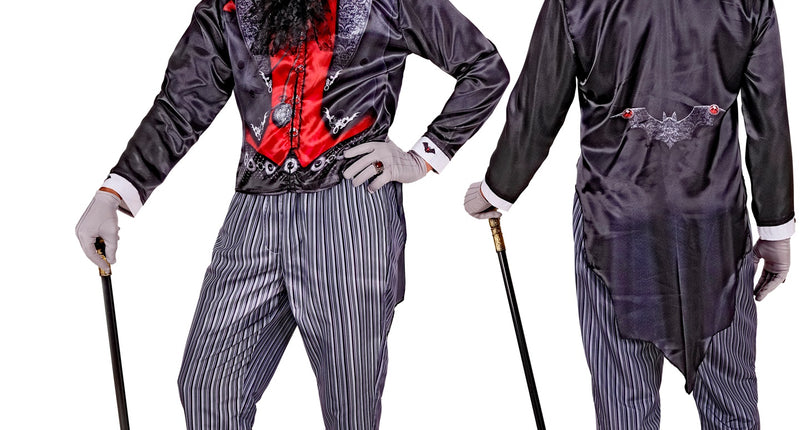 Vampier kostuum Gijs heren met zwarte jas, rood vest-opdruk, gestreepte broek en hoge hoed voor Halloween