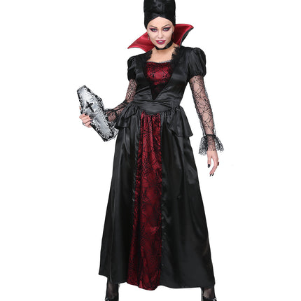 Vampier kostuum Lana dames met kanten mouwen in spinnenwebmotief en zwarte choker