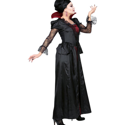 Vampier kostuum Lana dames van zijkant, peplum-schootje en enkellange satijnlook-rok