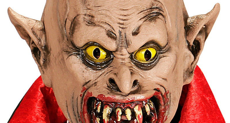 Vampier masker spits oor van latex met gele ogen, spitse oren en bloedrood gebit voor Halloween