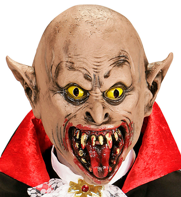 Vampier masker spits oor van latex met gele ogen, spitse oren en bloedrood gebit voor Halloween