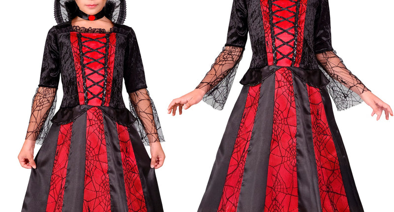 Vampier meisje kostuum Rosa in zwart en rood met hoepelrok, kanten kraag en choker voor Halloween