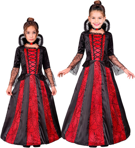 Vampier meisje kostuum Rosa in zwart en rood met hoepelrok, kanten kraag en choker voor Halloween