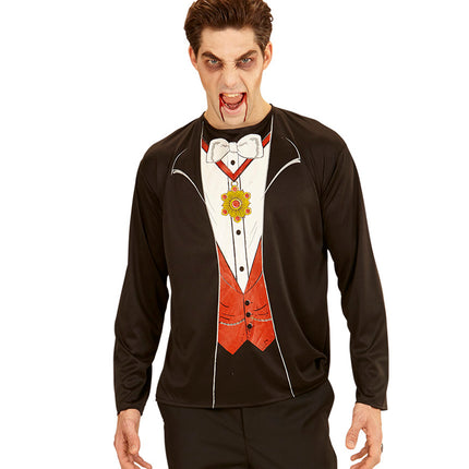 Vampier shirt unisex voor volwassenen, zwart shirt met lange mouwen en opgedrukt wit hemd