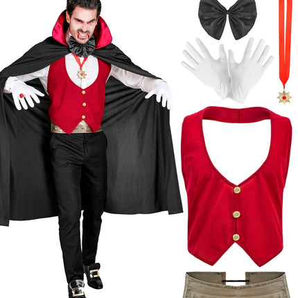 Vampiercape zwart/rood met los rood vest, heupband, zwarte vlinderdas en ketting met medaillon