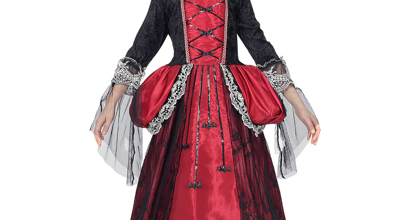 Vampieren jurk Isa meiden in rood en zwart met kanten randen, vleermuisjes en choker voor Halloween