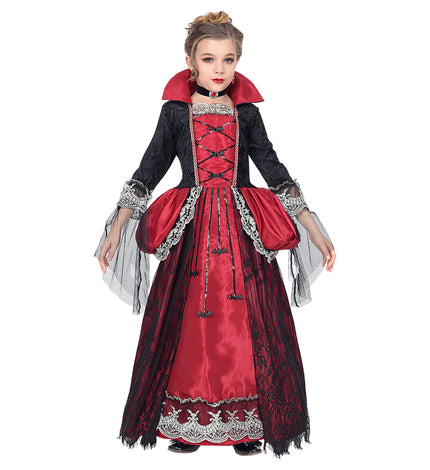 Vampieren jurk Isa meiden in rood en zwart met kanten randen, vleermuisjes en choker voor Halloween