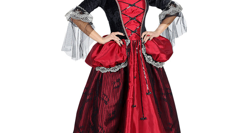 Vampieren jurk Valentina dames, lange rood-zwarte jurk met hoge kraag en kant, voor Halloween