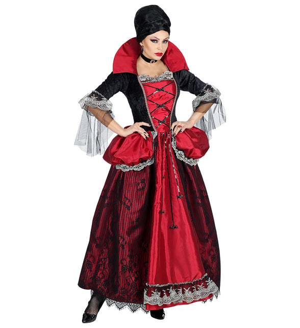 Vampieren jurk Valentina dames, lange rood-zwarte jurk met hoge kraag en kant, voor Halloween
