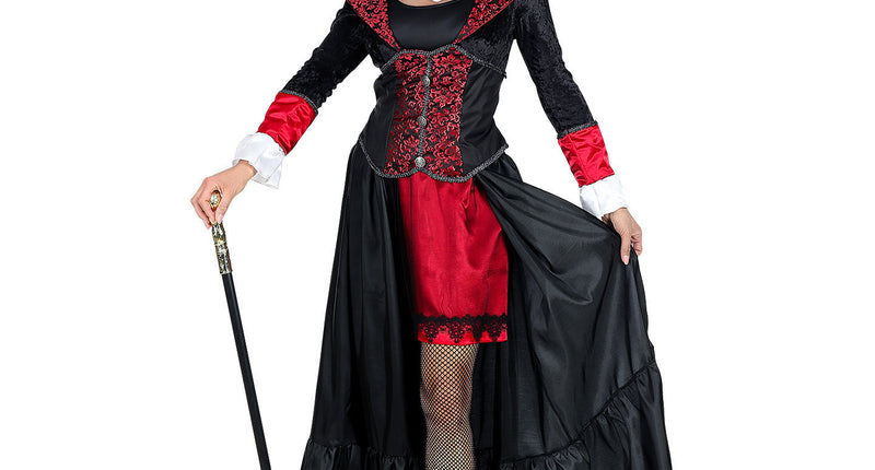 Vampieren kostuum Sofia dames, zwarte jurk met lange jas en rood jacquard lijfje voor Halloween