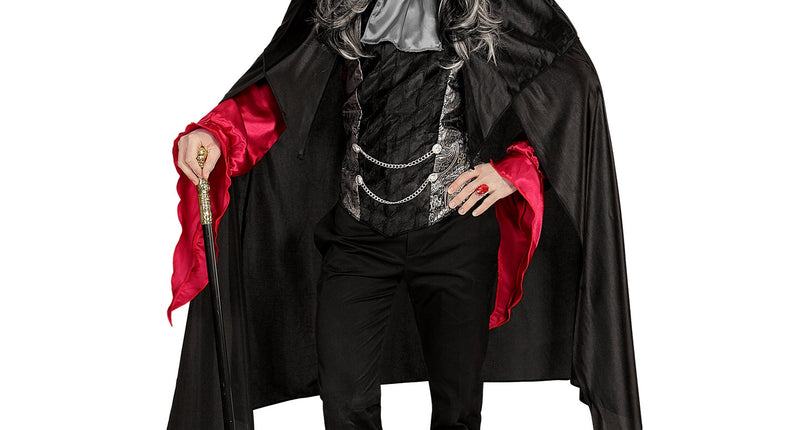 Vampieren pak heren met zwarte cape, rode satijnmouwen en grijs jabot voor Halloween