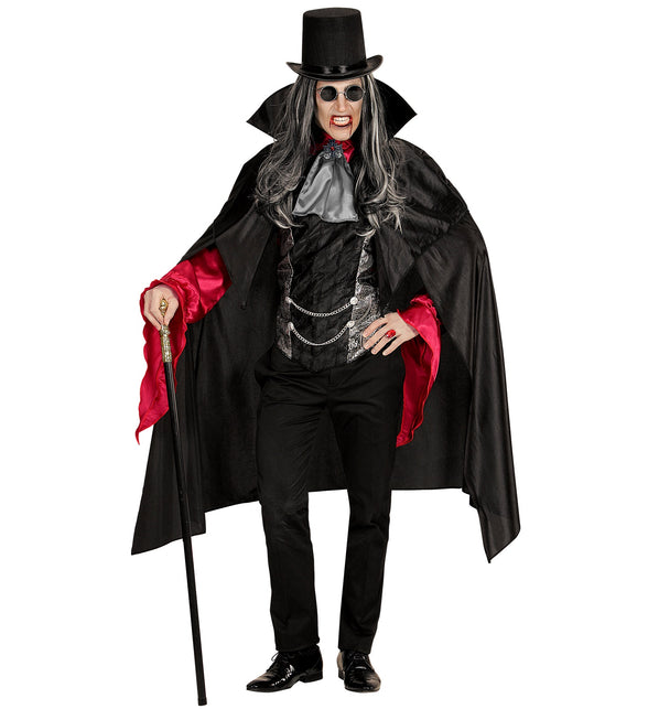 Vampieren pak heren met zwarte cape, rode satijnmouwen en grijs jabot voor Halloween