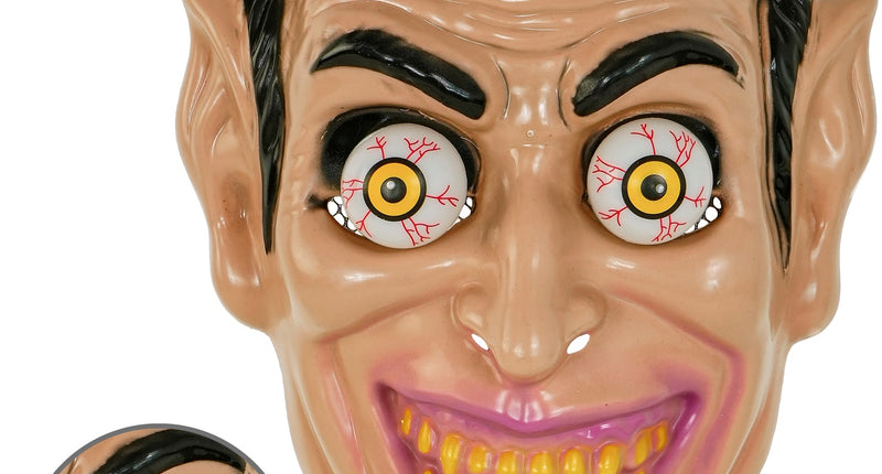 Vampiermasker van hard plastic met wiebelende oogbollen en gele tanden, met detail van het oog
