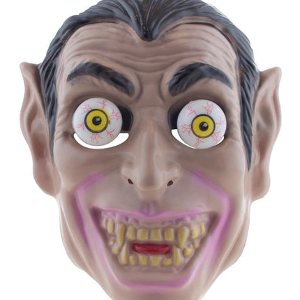 Vampiermasker van pvc met bolle rollende ogen, roze omlijnde grijns en puntige oren