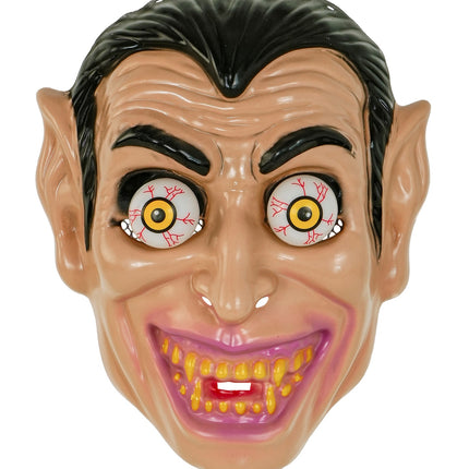 Vampiermasker vooraanzicht met zwart haar, puntige oren en brede grijns met gele hoektanden