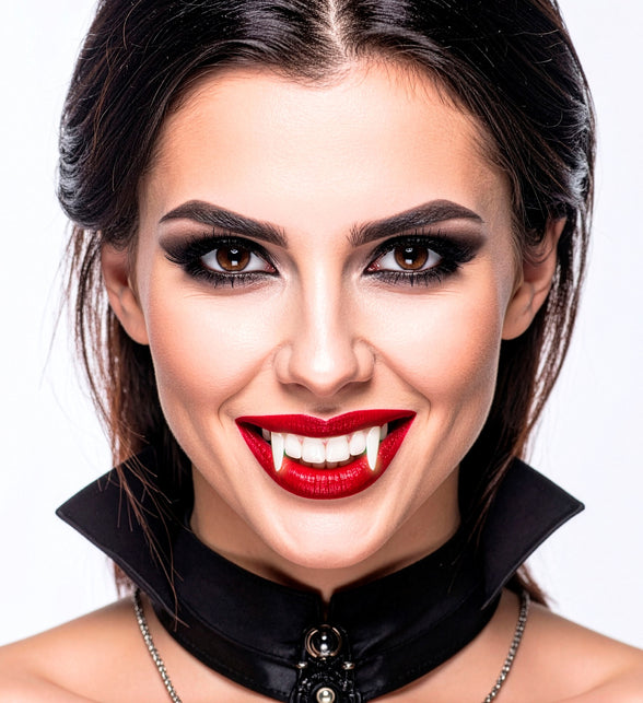 Vampiertandjes bij rode lippenstift en donkere oogmake-up voor een damesvampierlook