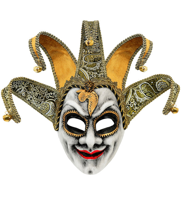Venetiaans narrenmasker heren wit gezicht met gouden narrenkap, brokaatpatroon en belletjes
