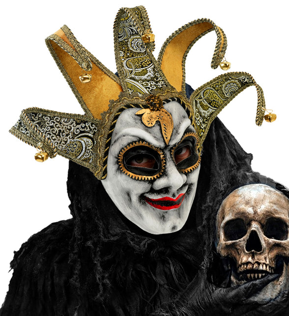 Venetiaans narrenmasker heren met zwarte kap gecombineerd voor Halloween
