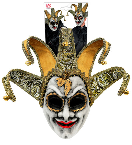 Venetiaans narrenmasker nar in verpakking met vijf punten en gouden belletjes