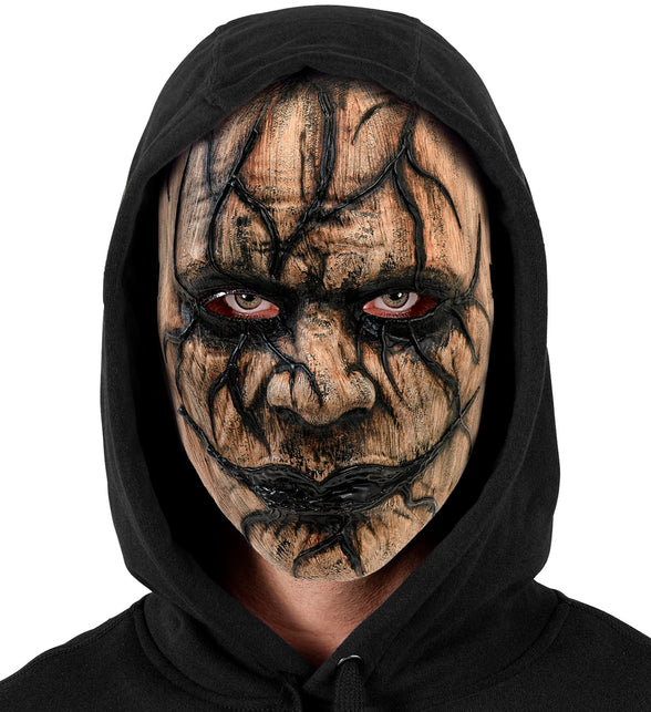 Venom masker heren onder zwarte capuchon, zwarte lijnen rond ogen en donkere mondveeg