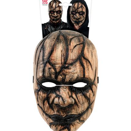 Venom masker heren op verkoopkaart met bruin monstergezicht en zwarte ranken in reliëf