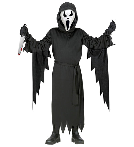 Verkleedpak Schreeuw voor kinderen: zwart gewaad met gerafelde zoom en wit schreeuwmasker voor Halloween