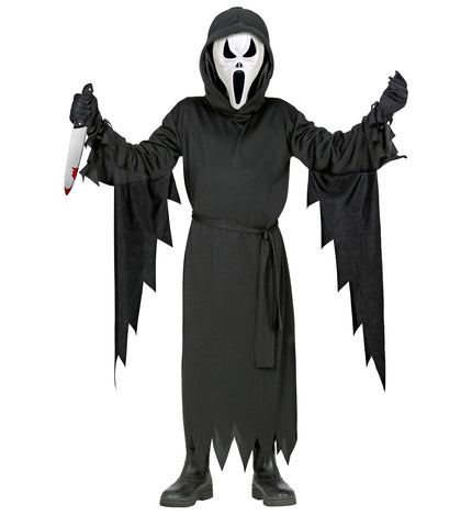 Verkleedpak Schreeuw voor kinderen: zwart gewaad met gerafelde zoom en wit schreeuwmasker voor Halloween