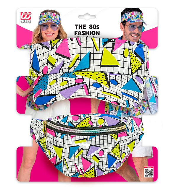 Verkleedset jaren 80 funky fashion in verpakking met zonneklep en heuptas met ruitraster