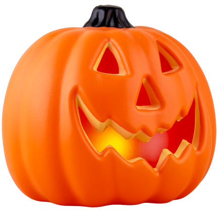 Verlichte pompoen met rood-geel oplichtende ogen en zigzagmond als Halloween decoratie