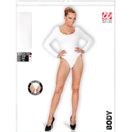Verpakking van de body met lange mouwen voor dames met maattabel en knoopsluiting in het kruis