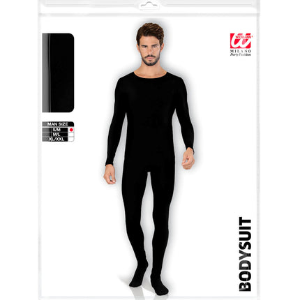 Verpakking van de bodysuit zwart heren met voeten, met maattabel S/M, M/L en XL/XXL