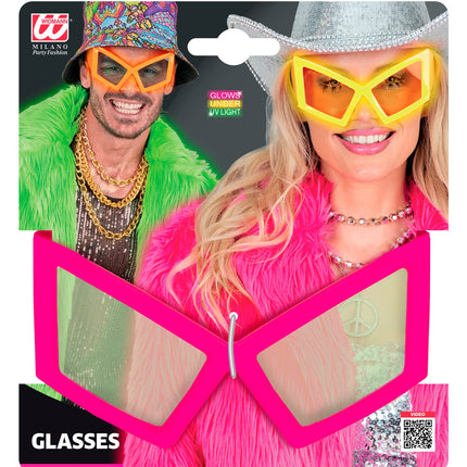 Verpakking van de bril oversized neon roze met vermelding dat het montuur oplicht onder uv-licht